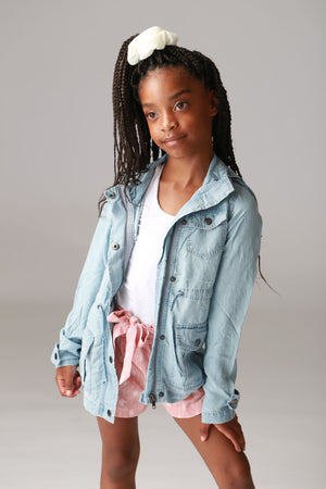 Girls light washed, denim jacket with hoodie, zipper, button accents, drawstring with pockets