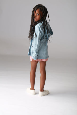 Girls, tweens, light washed, denim jacket with hoodie, zipper, button accents, drawstring with pocket
