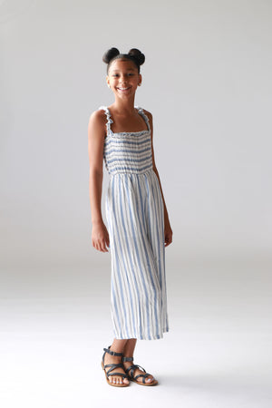 girls jumpsuit, blue, striped, palazzo pants, lightweight, trendy, tweens, clothing, cute spring, summer girls boutique