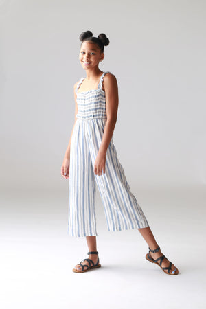 girls jumpsuit, blue, striped, palazzo pants, lightweight, trendy, tweens, clothing, cute spring, summer girls boutique